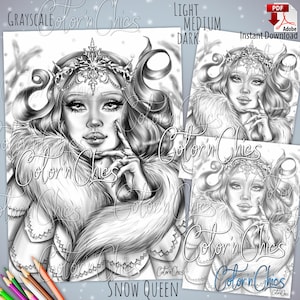 Snow Queen Grayscale Illustration Page de coloriage Premium pour adultes, foncé, clair, moyen, imprimable Téléchargement instantané