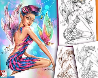 Magic Wings Grayscale Coloring Page Fairy with Butterflies Illustration  Printable & Instant Download Pdf Derya Cakirsoy