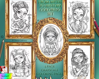 From Myth to History Set Coloring Pages Grayscale Cute Big Eyed  Illustrations for All Ages, Dark-Light All in one! Instant Download Pdf