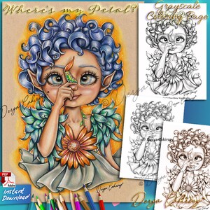 Where's my Petal? Grayscale Coloring Page Cute Fairy with Caterpillar illustration Faebruary Printable & Instant Download Pdf Derya Cakirsoy