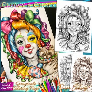 Clowy and Choco Grayscale Coloring Page Clown Girl with Raccoon Portrait illustration Printable & Instant Download Pdf by Derya Cakirsoy
