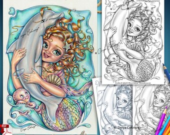 Coraline and Splash Grayscale Coloring Page ORIGINAL HAND DRAWN Adorable Mermaid hugging Dolphin Illustration Printable Pdf Derya Cakirsoy