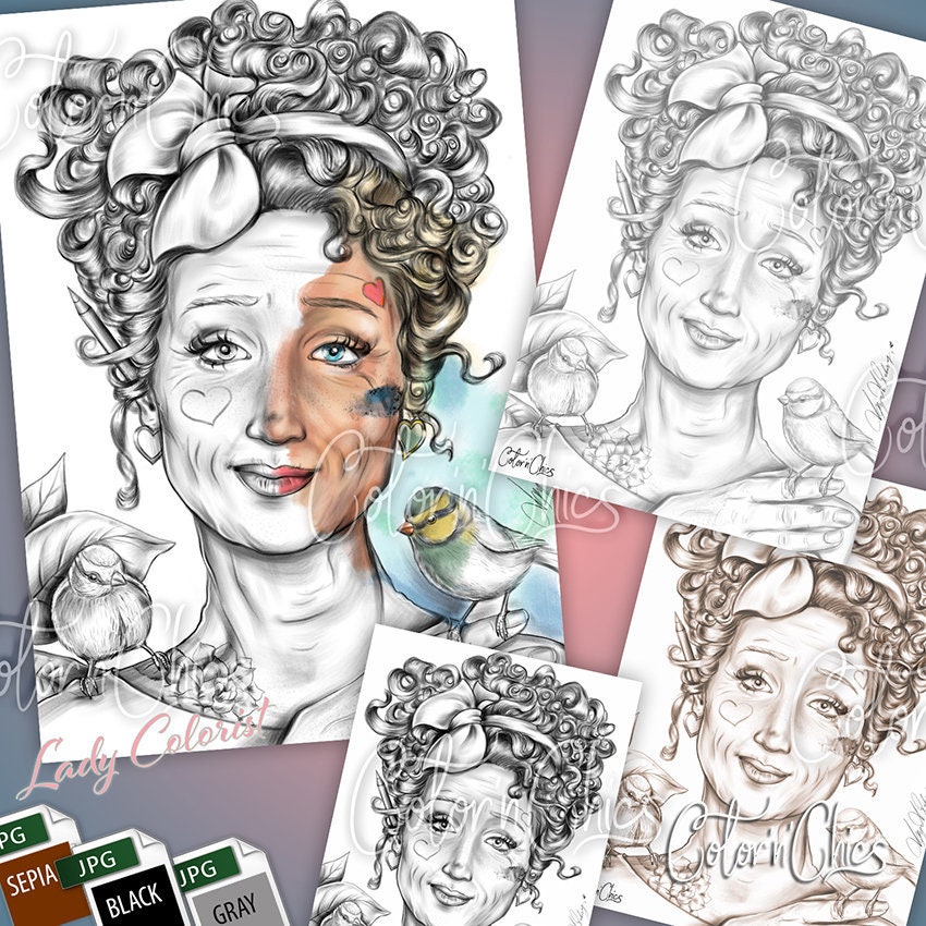 Lady Colorist Premium Coloring Page for Adults Printable | Etsy