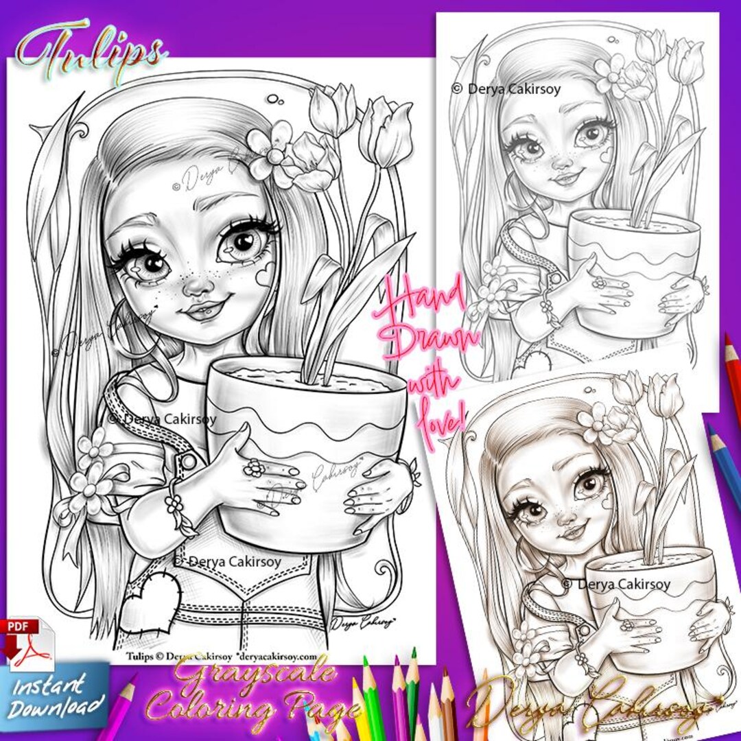 Tulips Grayscale Coloring Page ORIGINAL HAND DRAWN Cute Big Eyed Girl ...