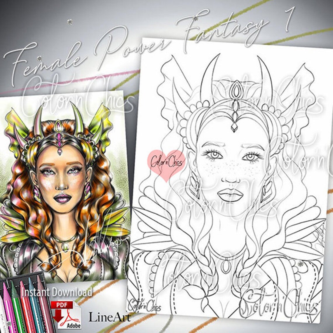 Female Power Fantasy 1 Line Art Illustration Premium Coloring Etsy