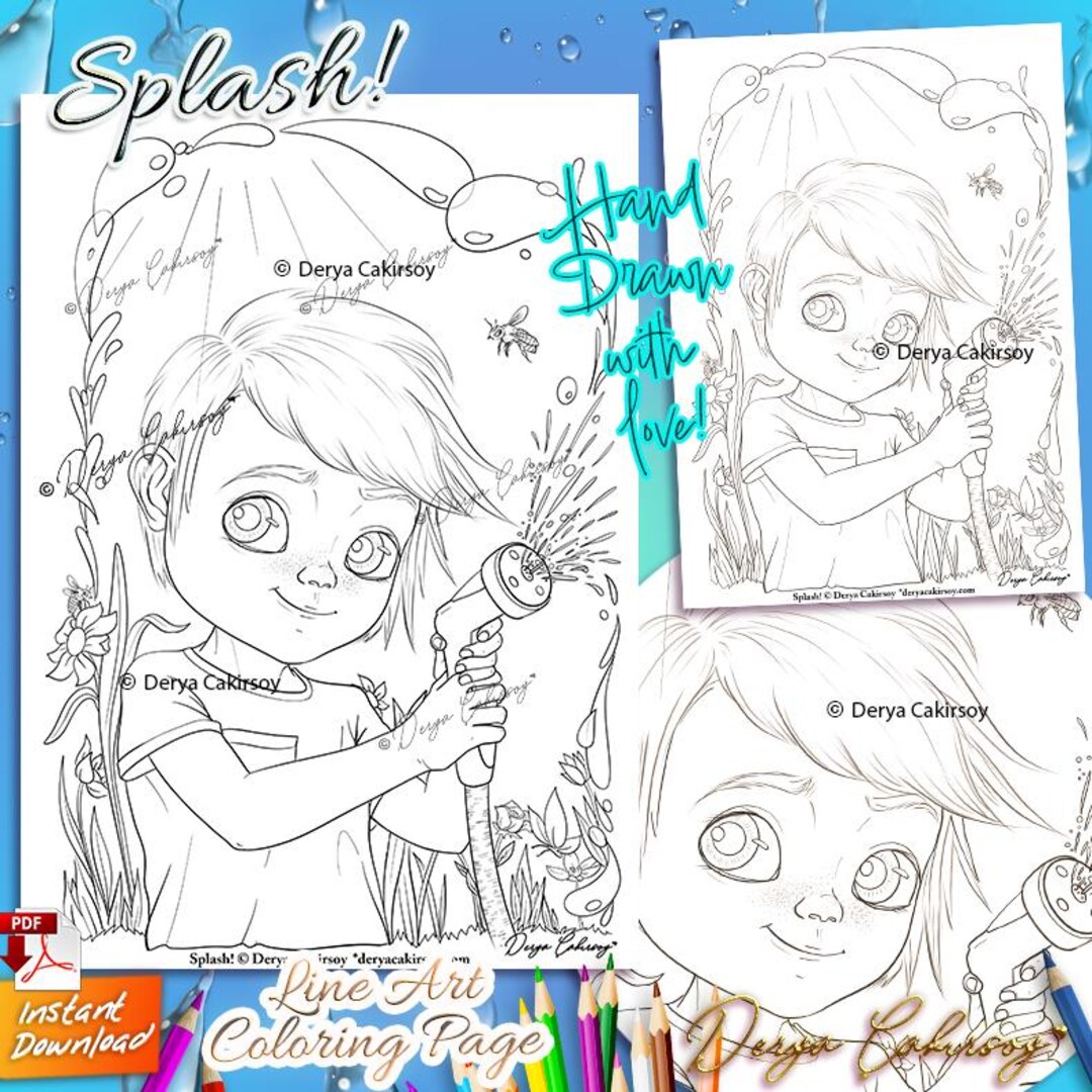 Splash Rivals Coloring Sheet Splash! Line Art Coloring Page ORIGINAL HAND DRAWN Cute Big Eyed Boy ...