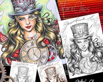 SteamPunk Premium coloring page for adults ,Printable Original Artwork Grayscale  Instant Download