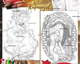 Christmas Stories Sleeping Beauty & Rapunzel Line Art Coloring Pages Set Illustrations Instant Download Printable Files Pdf Derya Cakirsoy