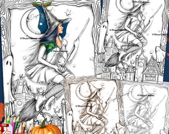 Sweet Witch ”Premium Grayscale ( dark, light & sepia) Halloween Coloring Page for Adults Instant download imprimable Derya Cakirsoy