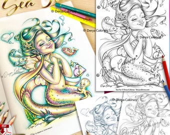 Sea Fae Scala di grigi da colorare Pagina ORIGINALE DISEGNO A MANO Arte Cute Little Big Eyed Sirena Illustrazione Pdf stampabile Derya Cakirsoy