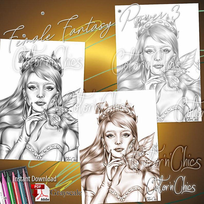 Female Power Fantasy 3 Grayscale Illustration Premium Coloring Etsy
