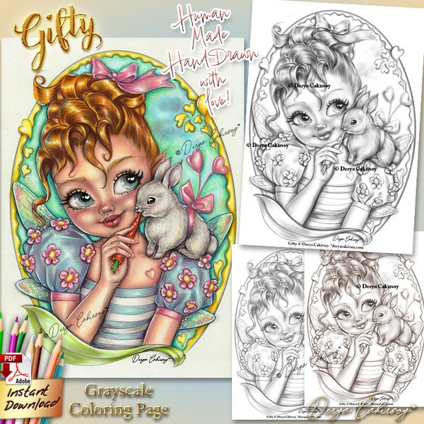 Gifty Grayscale Coloring Page ORIGINAL HAND DRAWN Cute Big Eyed Girl with Easter Bunny Illustration Printable Download Pdf Derya Cakirsoy