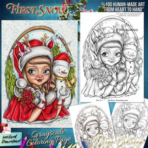 Première neige en niveaux de gris à colorier Original dessiné à la main Noël fille aux grands yeux avec bonhomme de neige Illustration imprimable Pdf Derya Cakirsoy