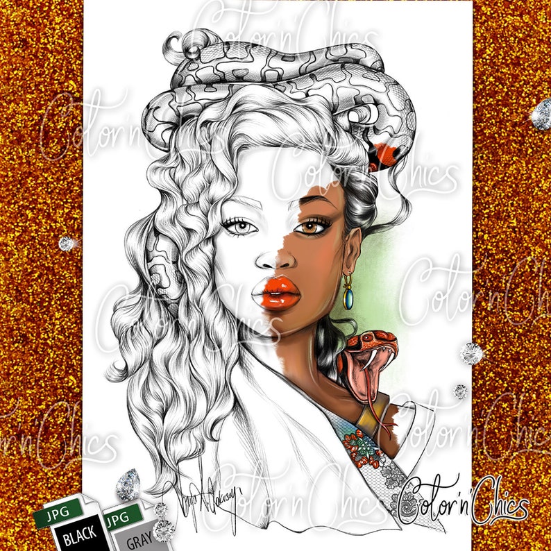 Snake Queen Premium Adult Coloring Page ,Instant download,Printable,Beautiful Original Artworks image 1