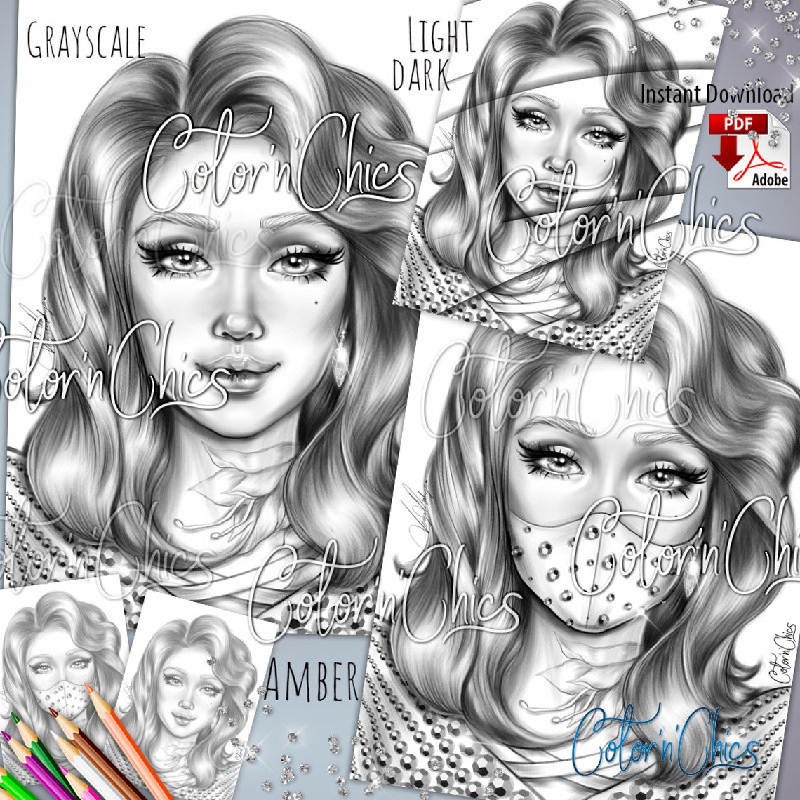 Amber (mask and Mirrors) Grayscale Illustrations Premium Coloring Page ...