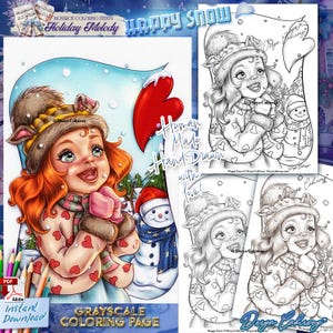 Holiday Melody Happy Snow Grayscale Coloring Page ilustracją Cute Little Girl and Snow ORYGINALNY RĘCZNIE NARYSOWANY Pobierz PDF Derya Cakirsoy