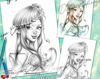 Parisian Mermaid Coloring Page Grayscale Illustration for Grown-ups, including Dark, Light & Gradient versions Instant Download Pdf