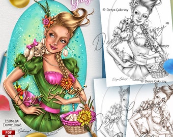 Lovely Spring Premium Coloring Page Grayscale Illustration for Grown-ups , including Dark, Light, Sepia versions Instant Download Pdf Easter