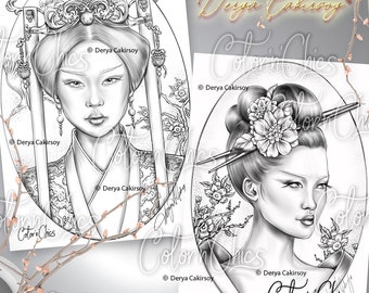 Japanese Beauties Coloring Page Set for Adults  Printable Original Artwork Grayscale Instant Download Derya Cakirsoy