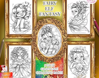 May include: Five grayscale coloring pages featuring fairy and elf illustrations. The illustrations are in a whimsical style with intricate details. The title "Fairy Elf Fantasy" is displayed at the top of the image.