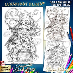 Coloriage LunaHeart élixir en niveaux de gris ORIGINAL dessiné à la main illustration de sorcière mignonne aux grands yeux téléchargement imprimable Derya Cakirsoy