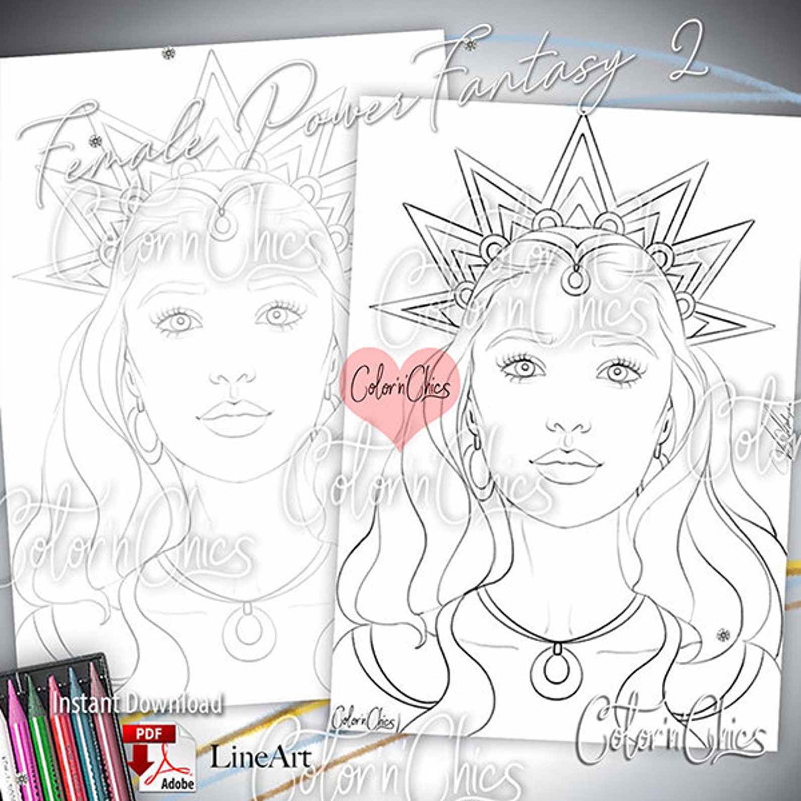 Female Power Fantasy 2 Line Art Illustration Premium Coloring Etsy