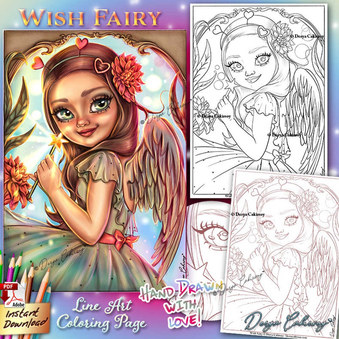 Wish Fairy Line Art Coloring Page ORIGINAL HAND DRAWN Cute Big Eyed ...