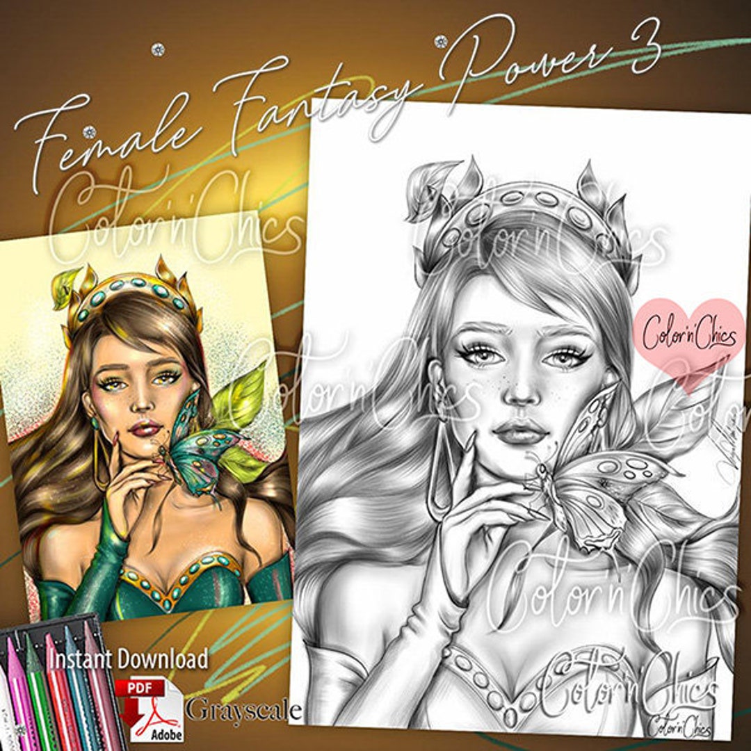 Female Power Fantasy 3 Grayscale Illustration Premium Coloring Etsy