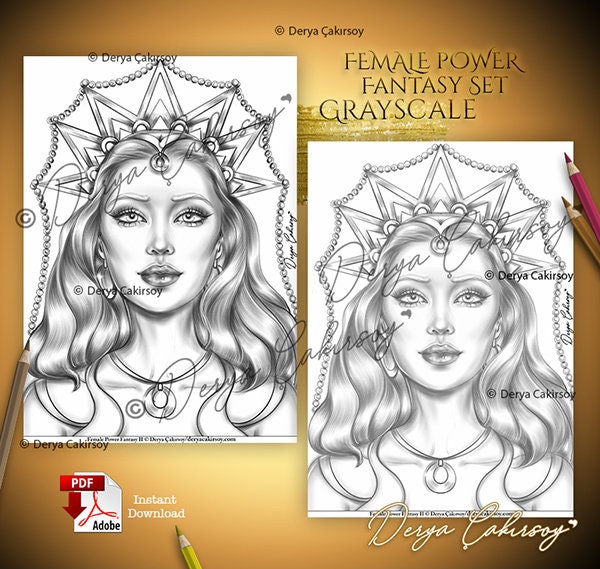 Female Power Fantasy Set Coloring Pages Grayscale Fantasy | Etsy
