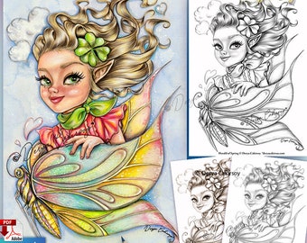 Herald of Spring Grayscale Coloring Page Elfe mignon avec illustration papillon Imprimable et téléchargement instantané Pdf Derya Cakirsoy