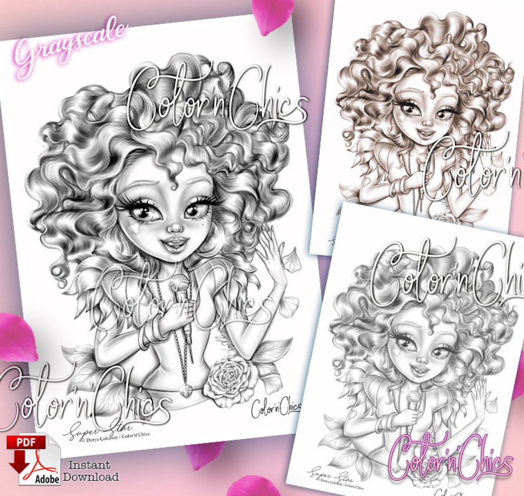 Superstar Premium Coloring Page Grayscale Illustration for Grown Ups