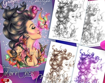 Cattleya Coloring Page Grayscale Illustration for Grown ups with Dark, Light, Sepia & Spring Magenta toned versions Instant Download Pdf