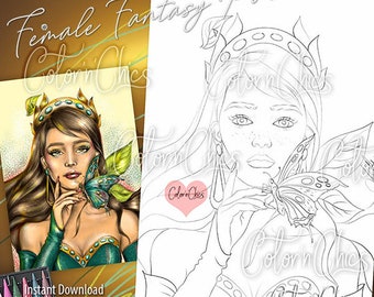 Female Power Fantasy 3 Line Art Illustration Premium Coloring Page for Adults,  Dark,Light, Printable and Instant Download !
