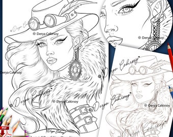 Anastasia Coloring Page LINE ART llustration Steampunk Fantasy Fashion Woman Download Printable Pdf Derya Cakirsoy