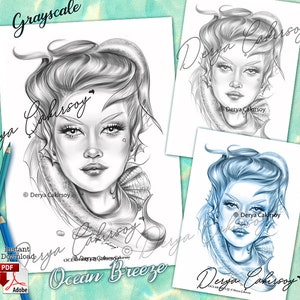 Ocean Breeze Mermaid Coloring Page Grayscale Illustration for Grown-ups, including Dark, Light & Blue versions Instant Download Pdf