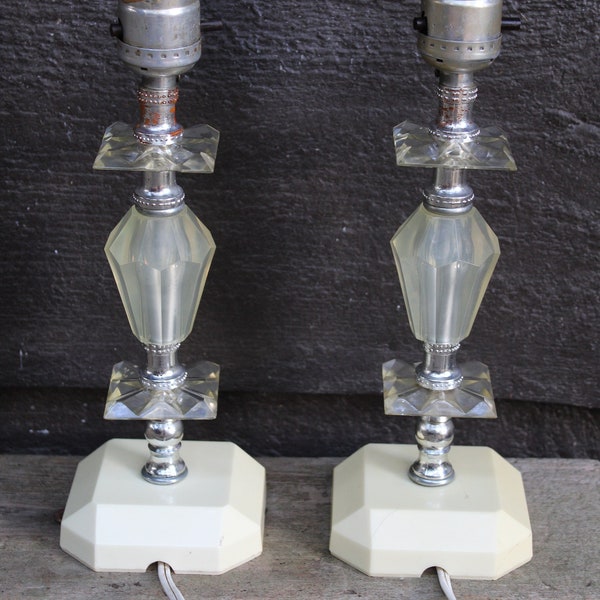 Vintage PAIR Clear Lucite Acrylic Solid Base Hollywood Regency Accent Lamps