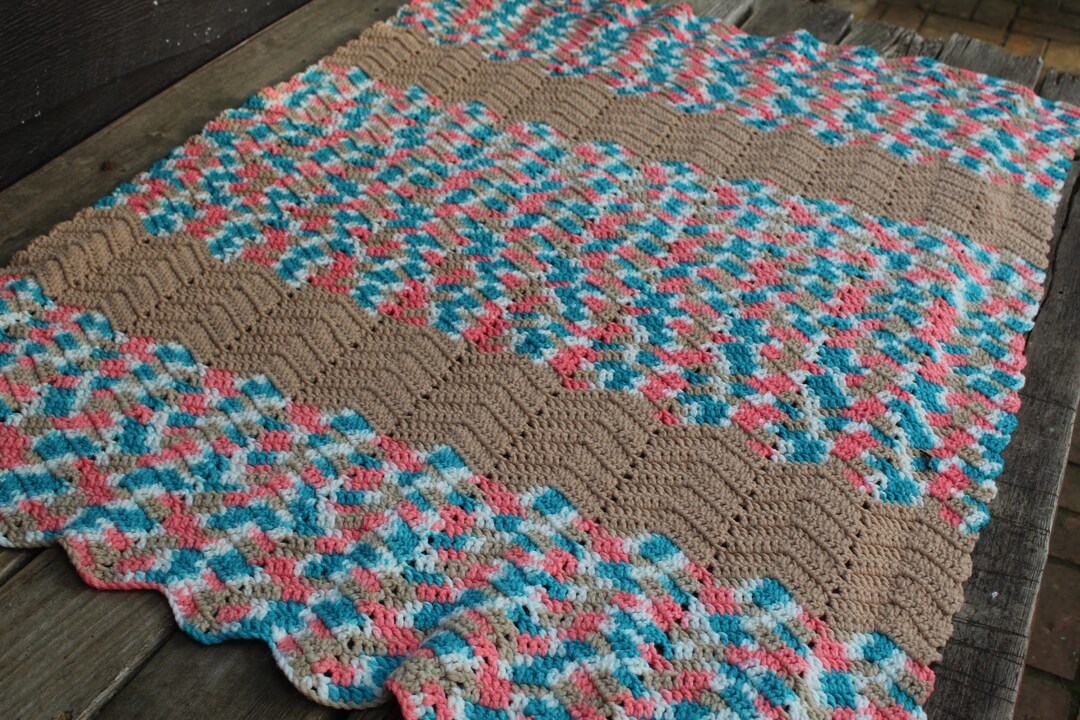 Vintage Handmade Crochet Afghan/throw Turquoise Coral Beige & White Etsy