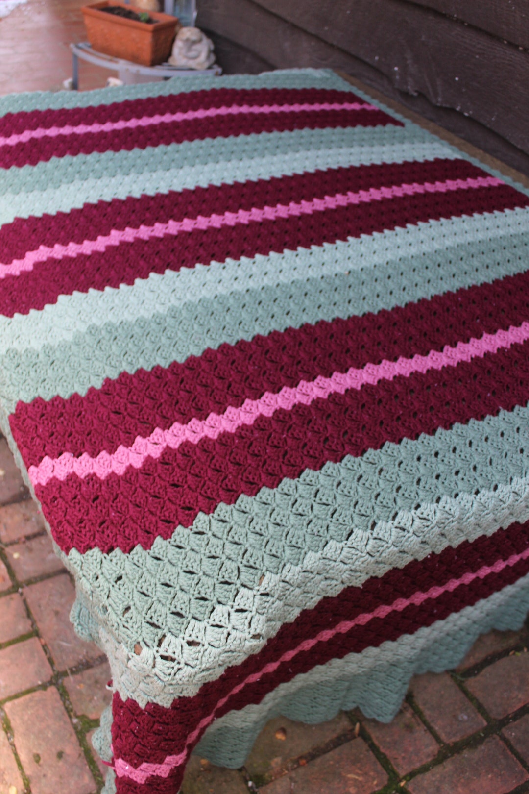 Vintage Handmade Crochet Afghan/throw Stripes of Seaglass Green