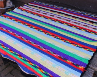 Vintage Handmade Crochet Colorful Rainbow Striped Afghan/Throw Black Edges