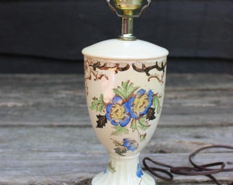 Vintage Ivory Porcelain Urn Accent Lamp Metal Base Blue Floral Copper Accents