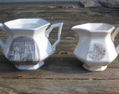 Vintage Ironstone Sugar Bowl and Cream Pitcher with Transferware Images