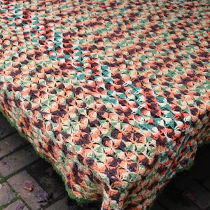Vintage Handmade Crochet Afghan/Throw Checked Orange Green Brown