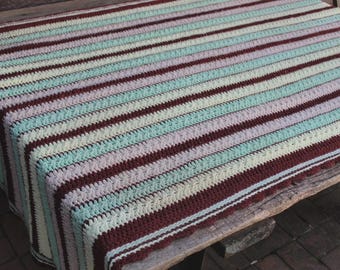 Vintage Handmade Crochet Knitted Striped Afghan/Throw Ivory Mint Brown Taupe