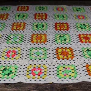 Vintage Handmade Crochet Granny Square Patchwork Afghan White Rainbow