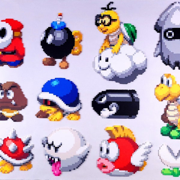 Mario Perler baddies | 8 bit pixel art | perler bead art | Boo | Koopa | Goomba | Blooper | Lakitu | Bob Omb | Shy Guy