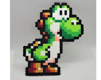 Yoshi, Perler Beads, Mario, bead sprite, pixel art, perler bead art, gaming, gamer, magnet, cake topper, hama beads, perler beads, kawaii