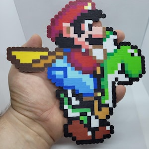 Mario Perler Bead Art With Yoshi, Super Mario World Pixel Art, Retro Gaming Decor, Mario Fridge Magnet, Cute Stocking Stuffer Ornament