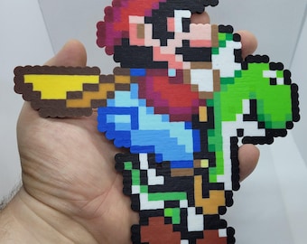 Mario Perler Bead Art With Yoshi, Super Mario World Pixel Art, Retro Gaming Decor, Mario Fridge Magnet, Cute Stocking Stuffer Ornament