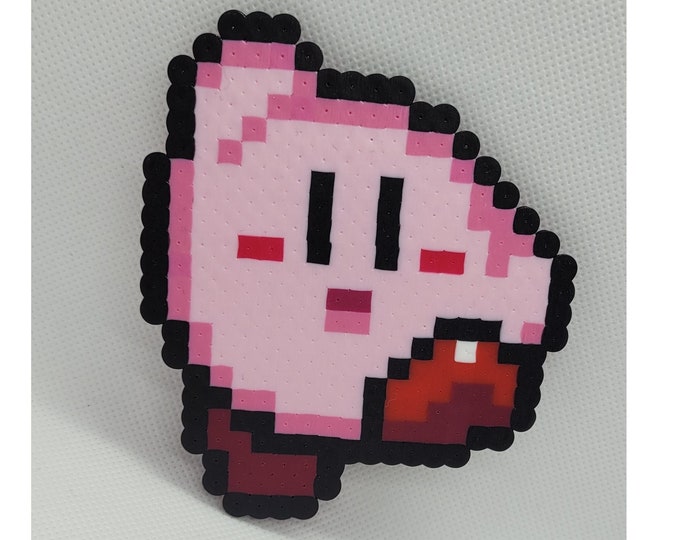 Kirby perler, dreamland, perler bead art, hama beads, nerd, geek, videogame, pink, wall decoration, happy, small, bead kirby, fan art