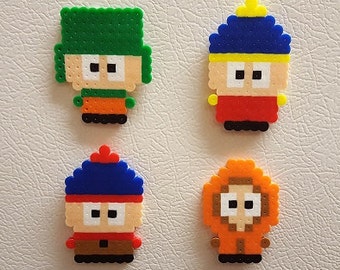 South Park, Perler Beads, Kenny, Kyle, Stan, Cartman, cartoon, pixel art, magnet, keychain, hama beads, perler, south park art